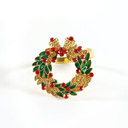 Rhinestone Christmas Wreath Napkin Ring - Set of 4, Holiday Dinner Table Napkin Holder Decor