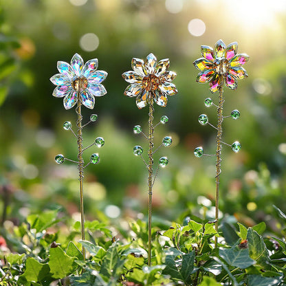 Set of 3 Crystal Sunflower Suncatcher Plant Stakes - Garden Patio Flower Bed Plant Decoration