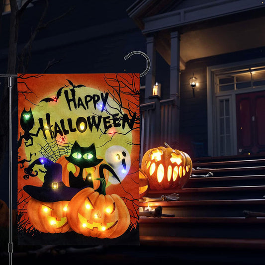 Happy Halloween Solar Powered LED Garden Flag - Waterproof Yard Lawn Outdoor Holiday Decor