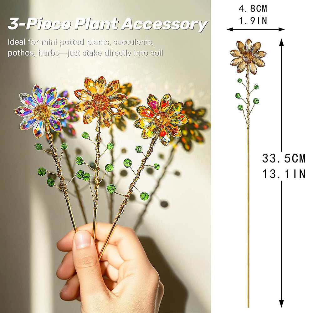 Set of 3 Crystal Sunflower Suncatcher Plant Stakes - Garden Patio Flower Bed Plant Decoration