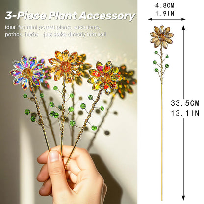 Set of 3 Crystal Sunflower Suncatcher Plant Stakes - Garden Patio Flower Bed Plant Decoration
