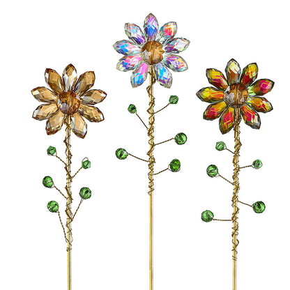 Set of 3 Crystal Sunflower Suncatcher Plant Stakes - Garden Patio Flower Bed Plant Decoration