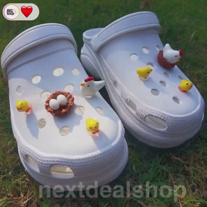 4Funny Chicken Family Shoe Charms - Set of 4, Shoe DIY Cute Decor Accessory