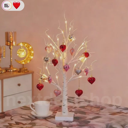 Lighted Birch Tree with Heart-Shaped Ornaments - Home Wedding Valentine Tabletop  Decor