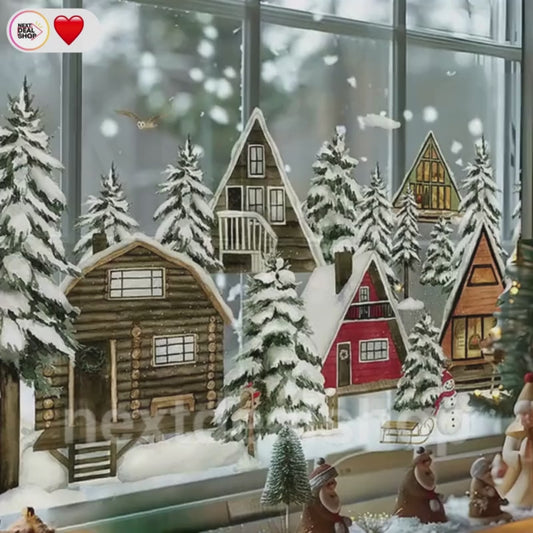 Vintage Christmas Winter Cottage Window Cling - Festive Indoor Glass Holiday Home Decor Accessory