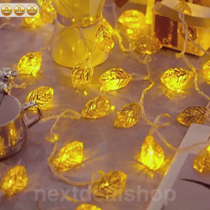 Battery Powered Elegant Golden Leaf LED String Lights - 9.84 ft, 20 LED,  Festive Home Party Decor Lighting