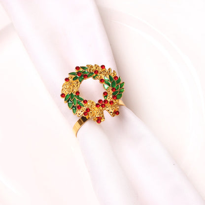 Rhinestone Christmas Wreath Napkin Ring - Set of 4, Holiday Dinner Table Napkin Holder Decor