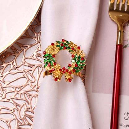 Rhinestone Christmas Wreath Napkin Ring - Set of 4, Holiday Dinner Table Napkin Holder Decor