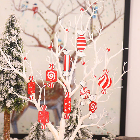 Festive Candy Wooden Hanging Ornament - Set of 9, Christmas Tree Home Wall Window Decor