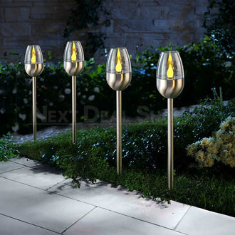 4 Pcs - Solar Powered Stainless Steel LED Candle Stake Light