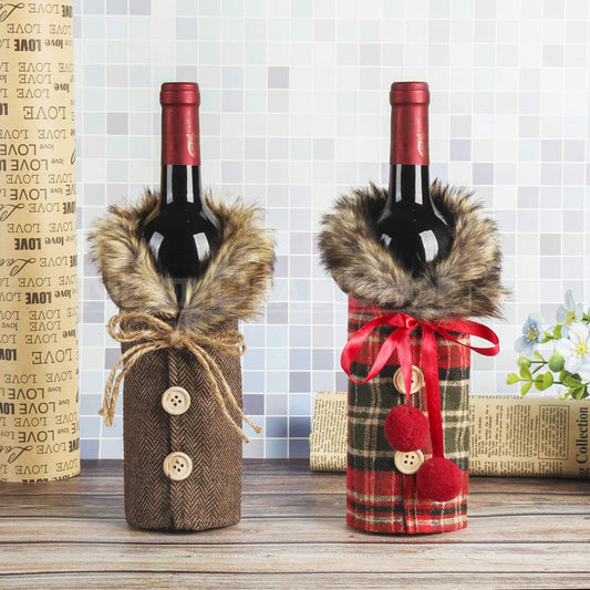 Christmas Themed Burlap Wine Bottle Covers - Set of 2, Xmas Dinner Table Holiday Party Wine Decor