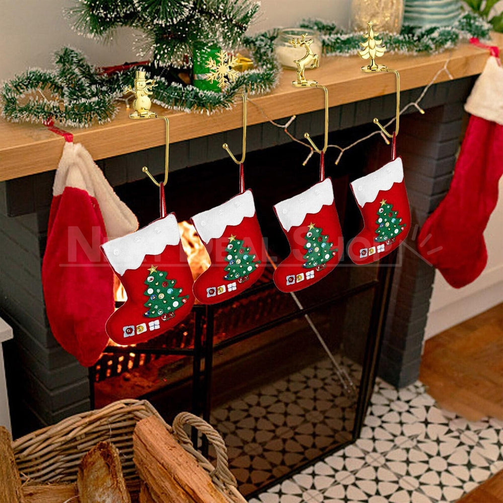 Metal Christmas Stocking Holders - Set of 4, Fireplace Mantel Xmas Home Holiday Decor
