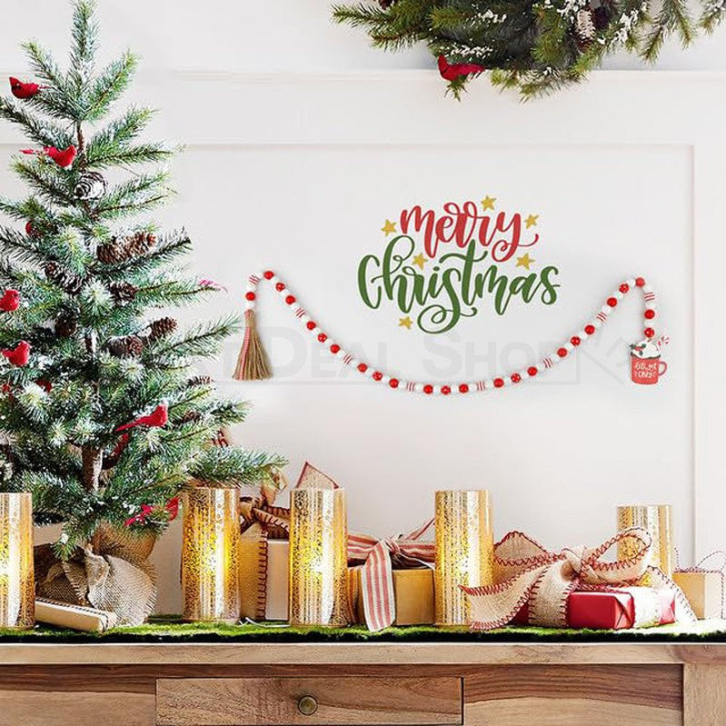 Wood Bead Garland with Tassels - Rustic Hanging Bead String for Christmas Holiday Decoration