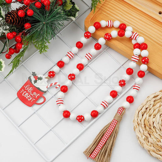 Wood Bead Garland with Tassels - Rustic Hanging Bead String for Christmas Holiday Decoration