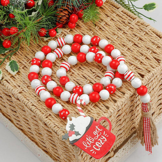 Wood Bead Garland with Tassels - Rustic Hanging Bead String for Christmas Holiday Decoration
