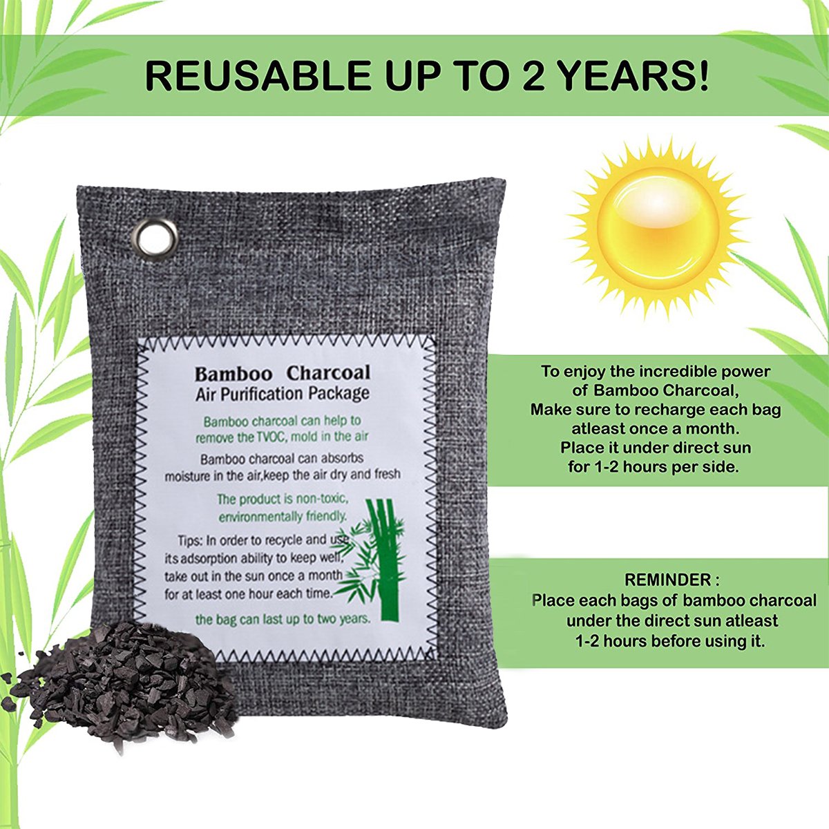 2 Packs Bamboo Charcoal Air Purifying Bag - Odor Remover for Home, Car, and Closet