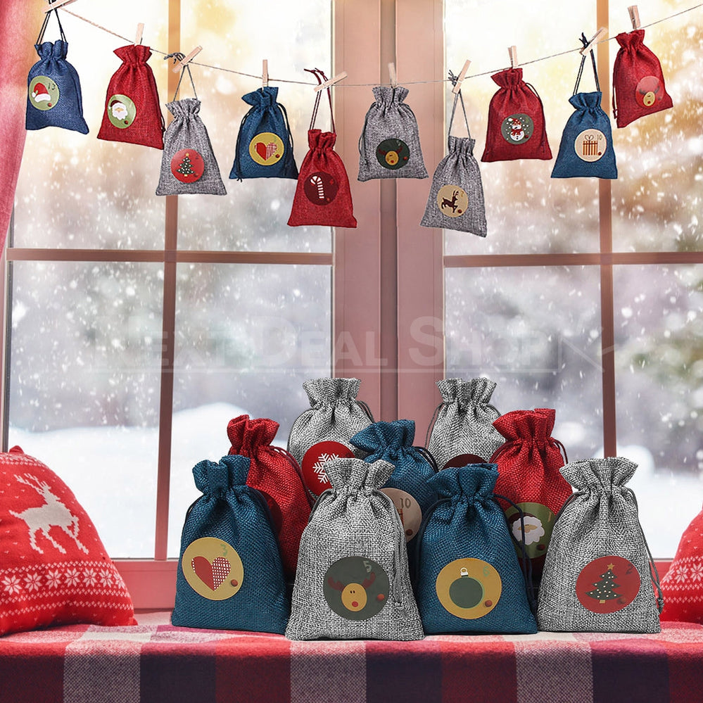 Fill Your Own Advent Christmas Calendar (24 x Jute Drawstring Bag and Number Sticker Set)-Next Deal Shop-Next Deal Shop