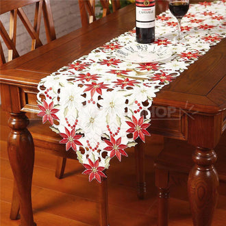 Hand Embroidered Poinsettia Christmas Table Runner