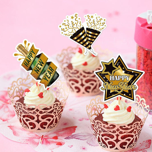 Happy New Year Cupcake Topper - 16 Pcs, Holiday Party Cake Dessert Decor