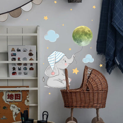 Glow in The Dark Elephant & Moon Sticker - Kids Bedroom Wall Window Decor