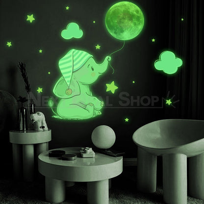 Glow in The Dark Elephant & Moon Sticker - Kids Bedroom Wall Window Decor