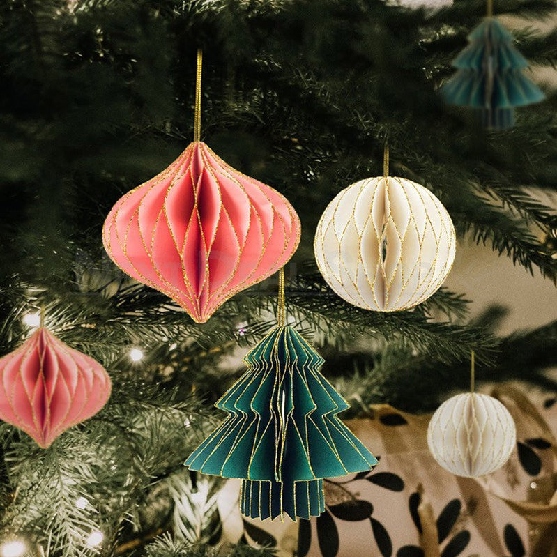 3 Pcs - Festive Honeycomb Paper Hanging Ornament - Christmas Tree Holiday Decor