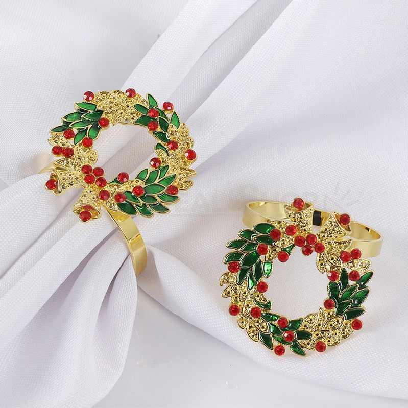Rhinestone Christmas Wreath Napkin Ring - Set of 4, Holiday Dinner Table Napkin Holder Decor