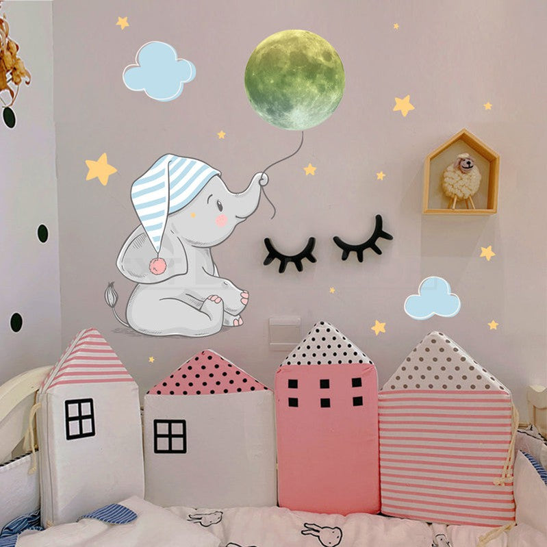Glow in The Dark Elephant & Moon Sticker - Kids Bedroom Wall Window Decor