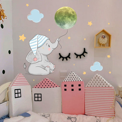 Glow in The Dark Elephant & Moon Sticker - Kids Bedroom Wall Window Decor