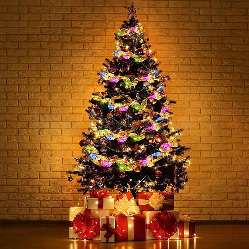 32ft Multi-Color LED Christmas Gold Ribbon Light - Home Tree Holiday Festive Lighting Decor