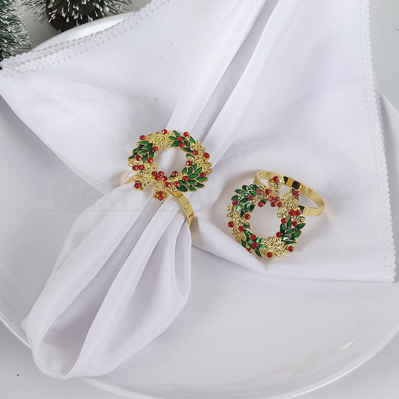 Rhinestone Christmas Wreath Napkin Ring - Set of 4, Holiday Dinner Table Napkin Holder Decor