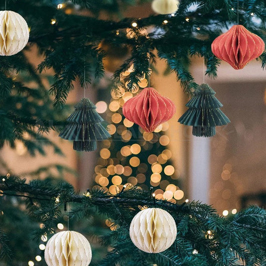 3 Pcs - Festive Honeycomb Paper Hanging Ornament - Christmas Tree Holiday Decor