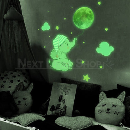 Glow in The Dark Elephant & Moon Sticker - Kids Bedroom Wall Window Decor