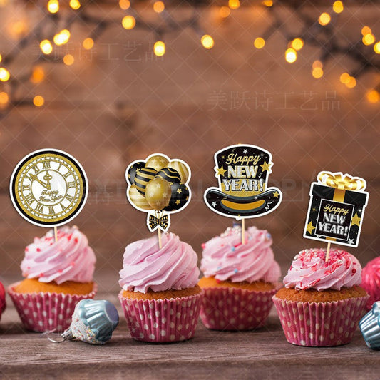Happy New Year Cupcake Topper - 16 Pcs, Holiday Party Cake Dessert Decor