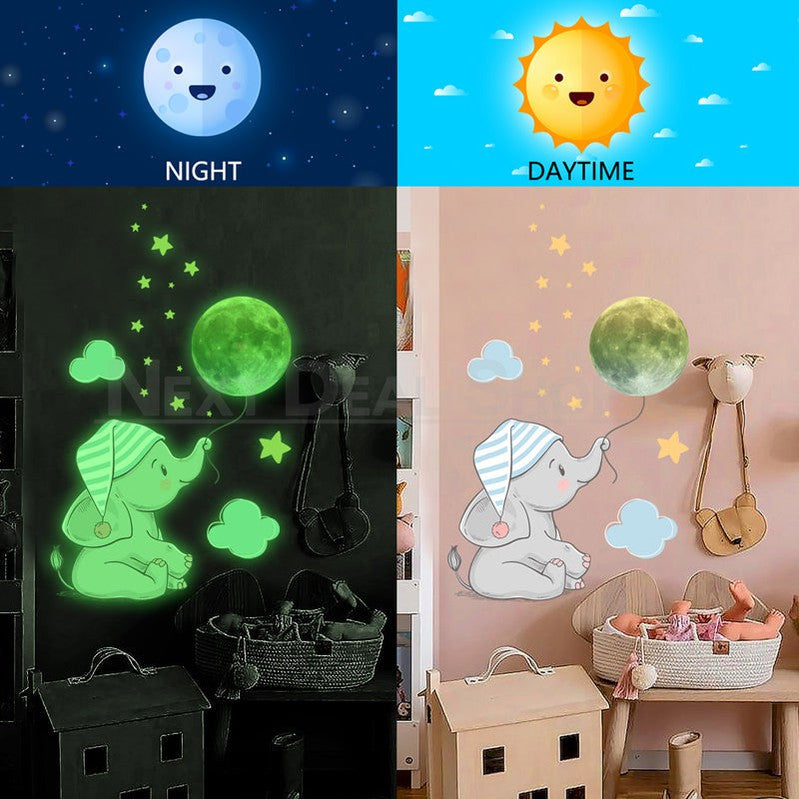 Glow in The Dark Elephant & Moon Sticker - Kids Bedroom Wall Window Decor