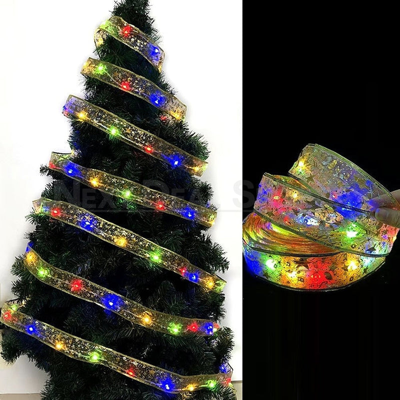 32ft Multi-Color LED Christmas Gold Ribbon Light - Home Tree Holiday Festive Lighting Decor
