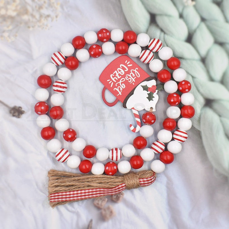 Wood Bead Garland with Tassels - Rustic Hanging Bead String for Christmas Holiday Decoration