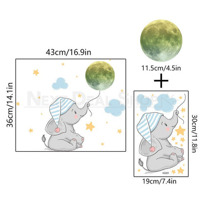 Glow in The Dark Elephant & Moon Sticker - Kids Bedroom Wall Window Decor