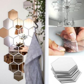 12 Pcs Hexagonal Shape Self-Adhesive Mirror Stickers - DIY Your Home!