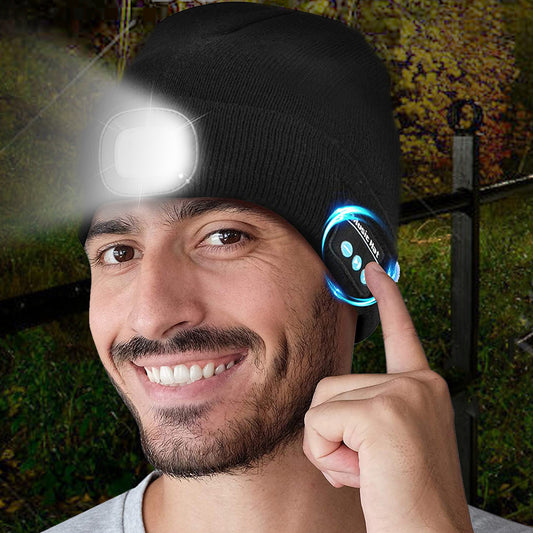 Bluetooth Music Beanie with Headlamp - Night Jogging, Hiking & Winter Outdoor Activities Phone Accessory