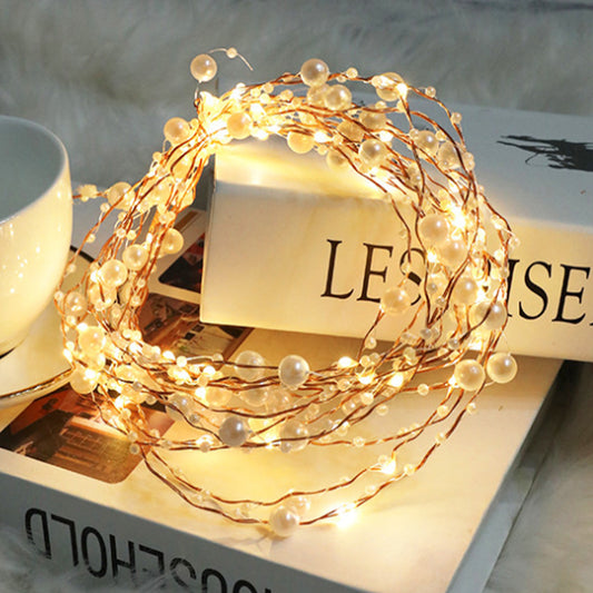 Battery Powered Copper Wire Pearl Beads String Lights - 16.4 ft, 50 LED, Home Wedding Holiday Festival Decor Lighting
