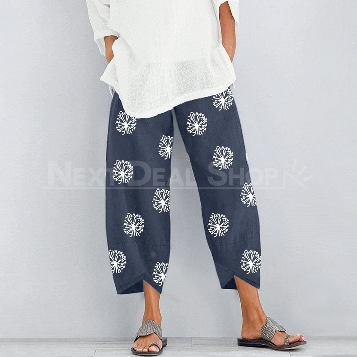 Dandelion Print Comfy Pants-SALORA-Blue-S-Next Deal Shop