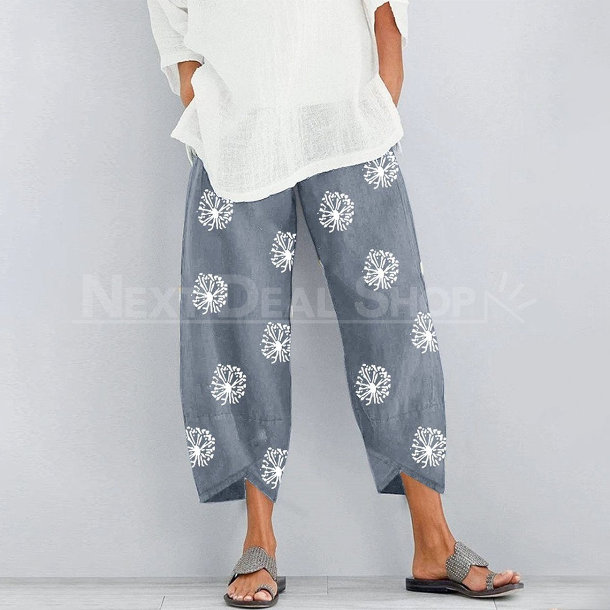 Dandelion Print Comfy Pants-SALORA-Gray-S-Next Deal Shop