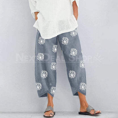 Dandelion Print Comfy Pants-SALORA-Gray-S-Next Deal Shop