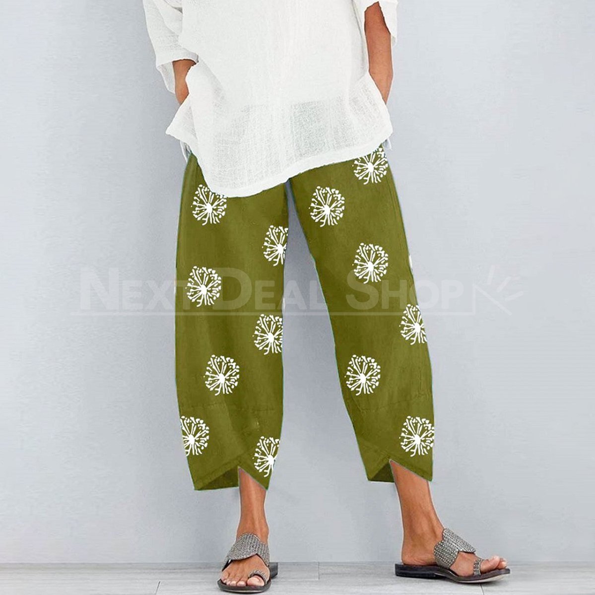Dandelion Print Comfy Pants-SALORA-Green-S-Next Deal Shop