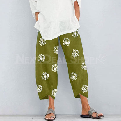 Dandelion Print Comfy Pants-SALORA-Green-S-Next Deal Shop