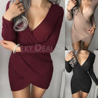 Deep Plunge Ribbed Wrap Dress