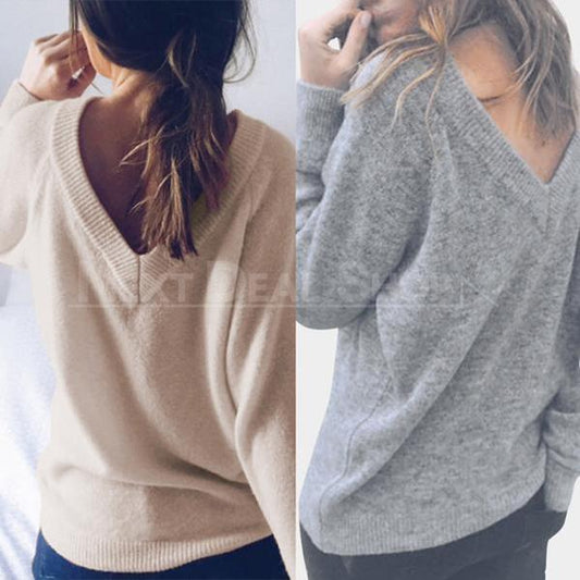 Deep V Neck Knit Sweater-SALORA-Next Deal Shop