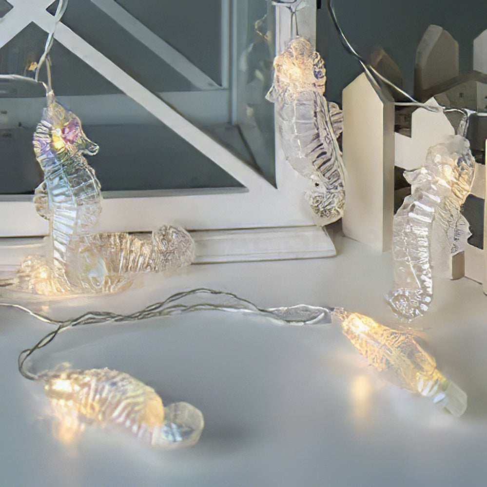 Battery Powered Nautical Iridescent Seahorse LED String Light - 4.9 ft, 10 LED, Coastal Home Lighting Decor